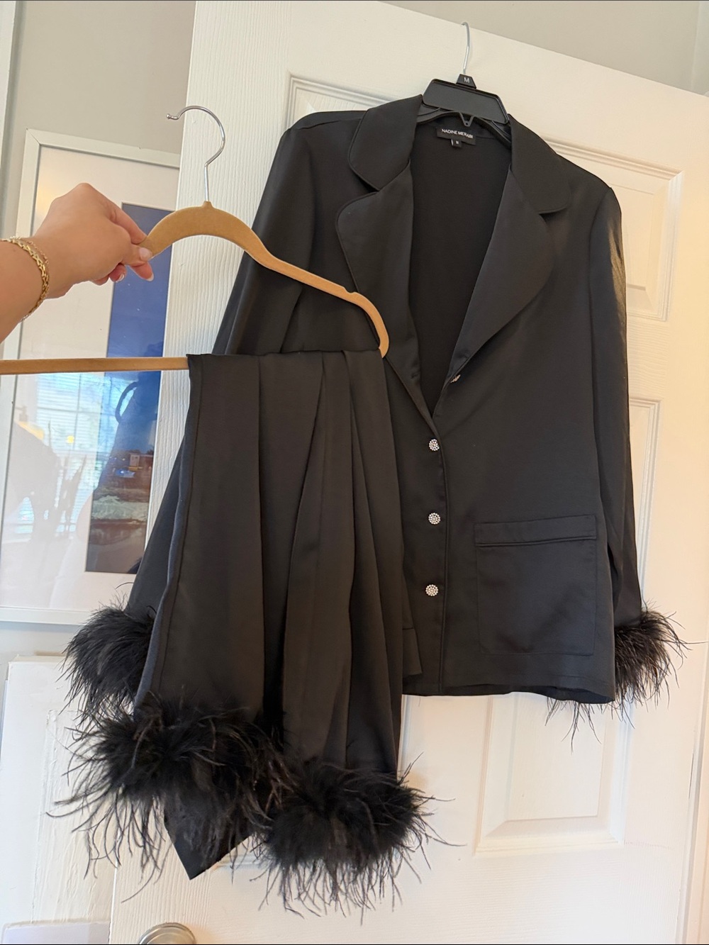 Black Feather Trim Pajama Set